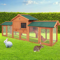 Chicken Coop Rabbit Hutch 220cm x 44cm x 84cm Large Chicken Coop Run Wooden Outdoor Cage House Pet Care Kings Warehouse 
