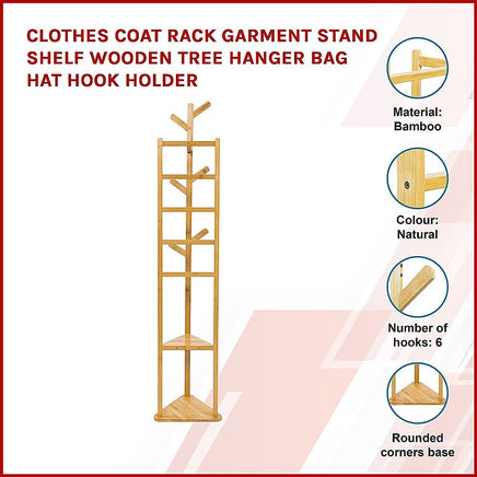 Clothes Coat Rack Garment Stand Shelf Wooden Tree Hanger Bag Hat Hook Holder Furniture Kings Warehouse 