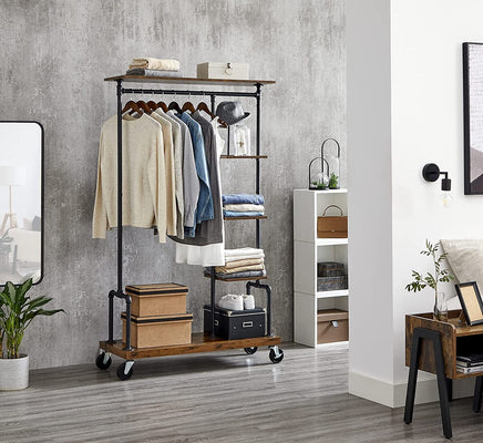 Clothing Garment Rack on Wheels with 5-Tier, Industrial Pipe Style, Rustic Brown Home & Garden Kings Warehouse 