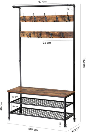Coat Rack Stand with 9 Hooks and Shoe Rack with Industrial Style Sturdy Steel Frame Furniture Kings Warehouse 