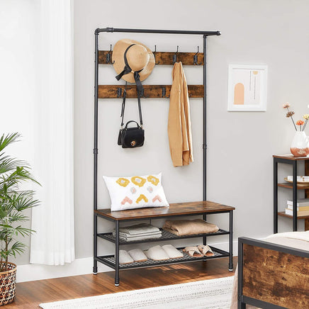 Coat Rack Stand with 9 Hooks and Shoe Rack with Industrial Style Sturdy Steel Frame Furniture Kings Warehouse 