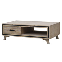 Coffee Table Solid Wood Acacia & Veneer Frame 2 Drawers Storage Sliver Brush Colour Furniture Kings Warehouse 