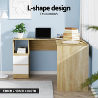 Computer Desk Drawer Cabinet L-Shape Oak 136CM Furniture Kings Warehouse 