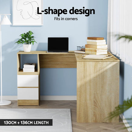 Computer Desk Drawer Cabinet L-Shape Oak 136CM Furniture Kings Warehouse 