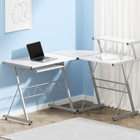Computer Desk L-Shape Keyboard Tray Shelf White Furniture Kings Warehouse 