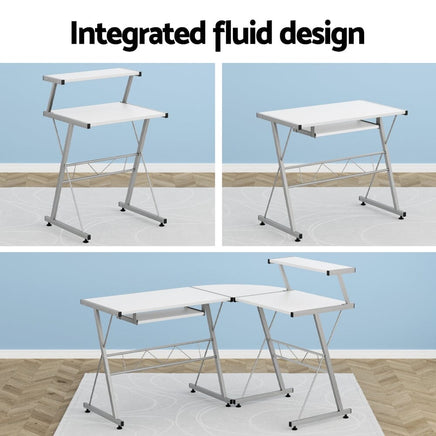 Computer Desk L-Shape Keyboard Tray Shelf White Furniture Kings Warehouse 
