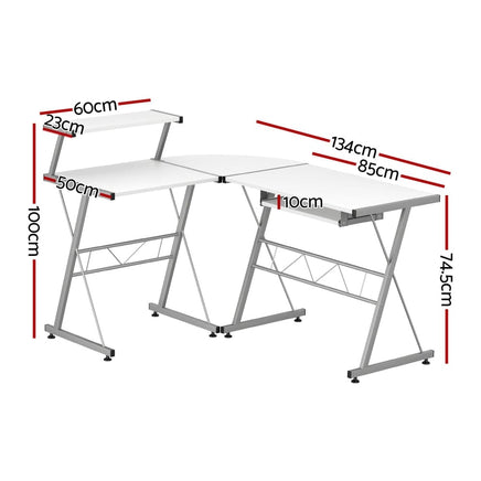Computer Desk L-Shape Keyboard Tray Shelf White Furniture Kings Warehouse 