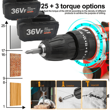Cordless Drill w/2 Battery Heavy Duty Impact Driver Kit Brushless Hammer Set Tools Kings Warehouse 