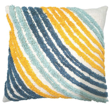 Cream cushion with blue/yellow tufted stripes 45x45cm Kings Warehouse 