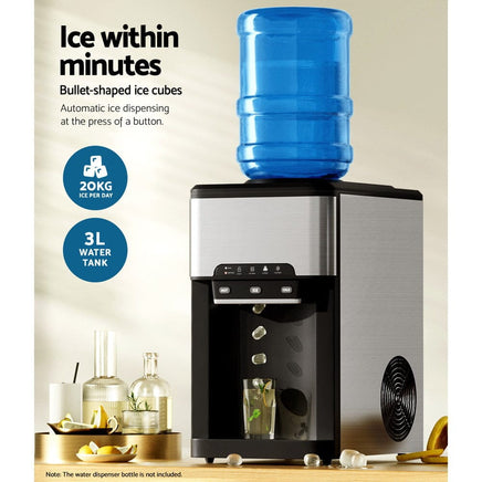 Devanti 20kg 3 in 1 Ice Maker Machine Cold and Hot Water Dispenser 3L Silver Appliances Kings Warehouse 