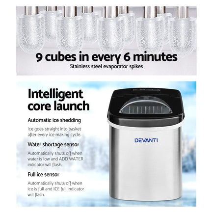 Devanti 2.4L Stainless Steel Portable Ice Cube Maker Appliances Kings Warehouse 