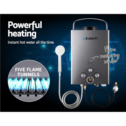 Devanti Portable Gas Water Heater 8L/Min LPG System Grey Outdoor Recreation Kings Warehouse 