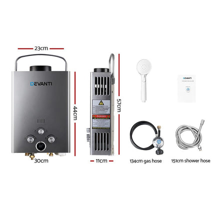 Devanti Portable Gas Water Heater 8L/Min LPG System Grey Outdoor Recreation Kings Warehouse 