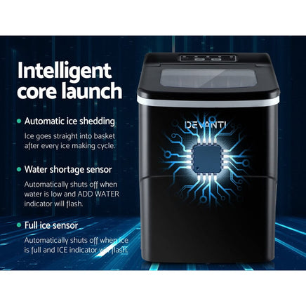 DEVANTi Portable Ice Cube Maker Machine 2L Home Bar Benchtop Easy Quick Black Appliances Kings Warehouse 