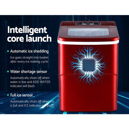 DEVANTi Portable Ice Cube Maker Machine 2L Home Bar Benchtop Easy Quick Red Appliances Kings Warehouse 