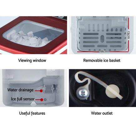 DEVANTi Portable Ice Cube Maker Machine 2L Home Bar Benchtop Easy Quick Red Appliances Kings Warehouse 