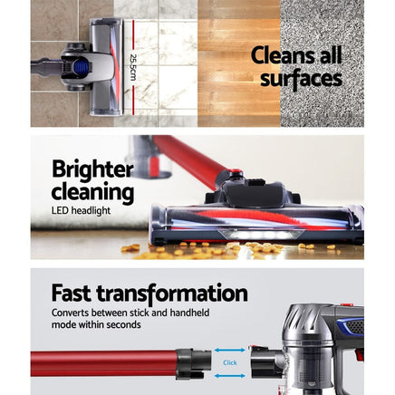 Devanti Stick Vacuum Cleaner Bagless Cordless Red 150W Appliances Kings Warehouse 