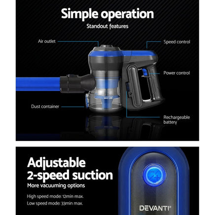 Devanti Stick Vacuum Cleaner Brushless Cordless 250W Blue Appliances Kings Warehouse 