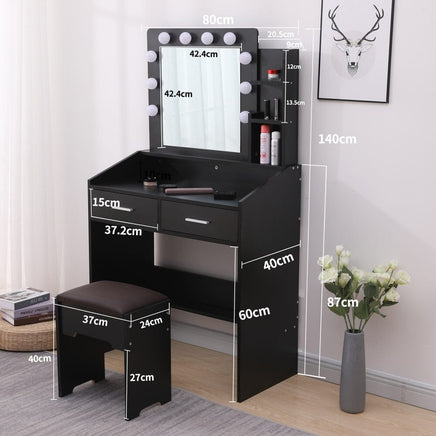 Diana Vanity Set with Shelves Cushioned Stool and Lighted Mirror- Black Furniture Kings Warehouse 