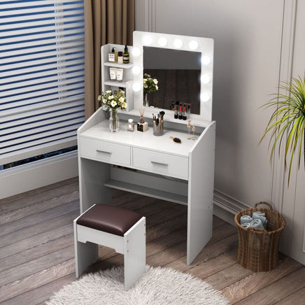 Diana Vanity Set with Shelves Cushioned Stool and Lighted Mirror- White Furniture Kings Warehouse 