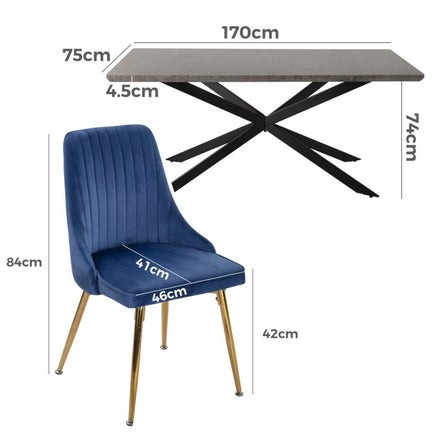 Dining Delight: Rectangular Table and Navy Velvet Chairs Dining Set Furniture Kings Warehouse 