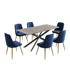 Dining Delight: Rectangular Table and Navy Velvet Chairs Dining Set Furniture Kings Warehouse 