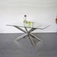 Dining Table in Crisscross Shaped High Glossy Stainless Steel Base with 12mm Tempered Glass Top Furniture Kings Warehouse 