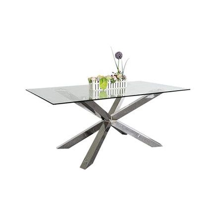 Dining Table in Crisscross Shaped High Glossy Stainless Steel Base with 12mm Tempered Glass Top Furniture Kings Warehouse 