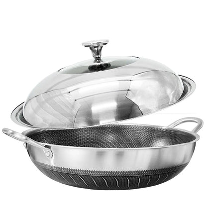 Double Ear 304 Stainless Steel 36cm Non-Stick Stir Fry Cooking Kitchen Wok Pan with Lid Honeycomb Double Sided Home & Garden Kings Warehouse 