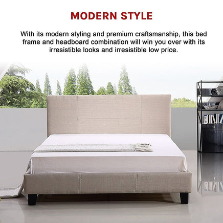 Double Linen Fabric Bed Frame Beige Furniture Kings Warehouse 