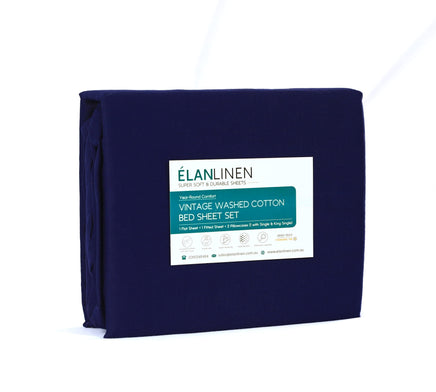 Elan Linen 100% Egyptian Cotton Vintage Washed 500TC Navy Blue Single Bed Sheets Set Home & Garden Kings Warehouse 