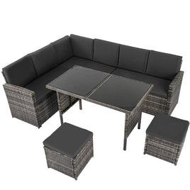 Ella 8-Seater Modular Outdoor Garden Lounge and Dining Set with Table and Stools in Dark Grey Weave Kings Warehouse 
