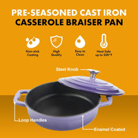 Enameled Cast Iron Cookware Casserole Braiser Pan, Round CastIron Skillet lid for Oven Kings Warehouse 