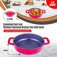 Enameled Cast Iron Cookware Casserole Braiser Pan, Round CastIron Skillet lid for Oven Red Kings Warehouse 