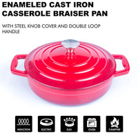 Enameled Cast Iron Cookware Casserole Braiser Pan, Round CastIron Skillet lid for Oven Red Kings Warehouse 