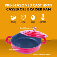 Enameled Cast Iron Cookware Casserole Braiser Pan, Round CastIron Skillet lid for Oven Red Kings Warehouse 