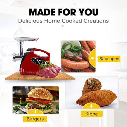 EUROCHEF Electric Meat Grinder, Stainless Steel Mincer Sausage Filler Kibbe Maker, Red Appliances Kings Warehouse 