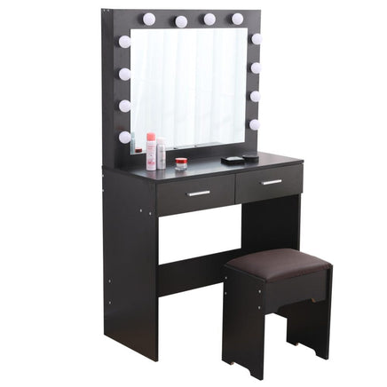 Fidel Vanity Set with Cushioned Stool and Lighted Mirror- Black Furniture Kings Warehouse 