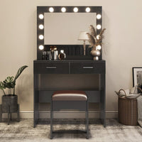 Fidel Vanity Set with Cushioned Stool and Lighted Mirror- Black Furniture Kings Warehouse 