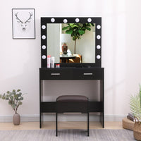 Fidel Vanity Set with Cushioned Stool and Lighted Mirror- Black Furniture Kings Warehouse 