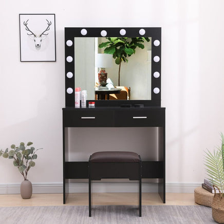 Fidel Vanity Set with Cushioned Stool and Lighted Mirror- Black Furniture Kings Warehouse 