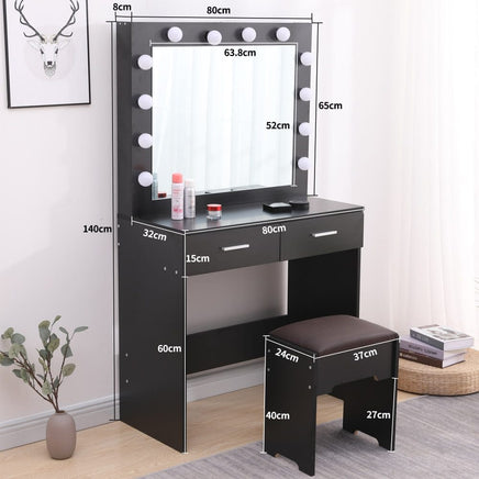 Fidel Vanity Set with Cushioned Stool and Lighted Mirror- Black Furniture Kings Warehouse 