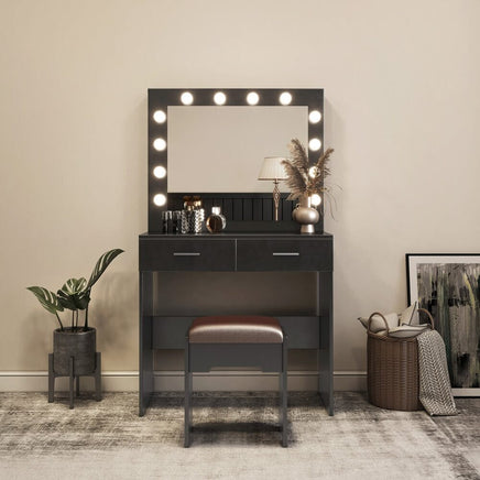 Fidel Vanity Set with Cushioned Stool and Lighted Mirror- Black Furniture Kings Warehouse 