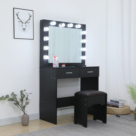 Fidel Vanity Set with Cushioned Stool and Lighted Mirror- Black Furniture Kings Warehouse 