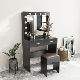 Fidel Vanity Set with Cushioned Stool and Lighted Mirror- Black Furniture Kings Warehouse 
