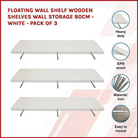 Floating Wall Shelf Wooden Shelves Wall Storage 80cm - White - Pack of 3 Kings Warehouse 