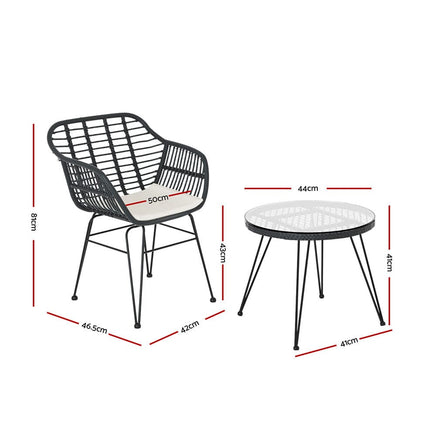 Gardeon 3PC Outdoor Furniture Bistro Set Lounge Setting Table Chairs Cushion Patio Grey Furniture Kings Warehouse 