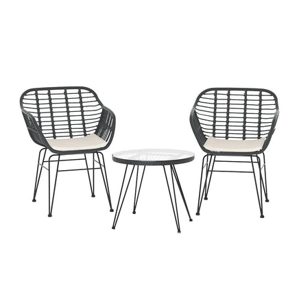 Gardeon 3PC Outdoor Furniture Bistro Set Lounge Setting Table Chairs Cushion Patio Grey Furniture Kings Warehouse 