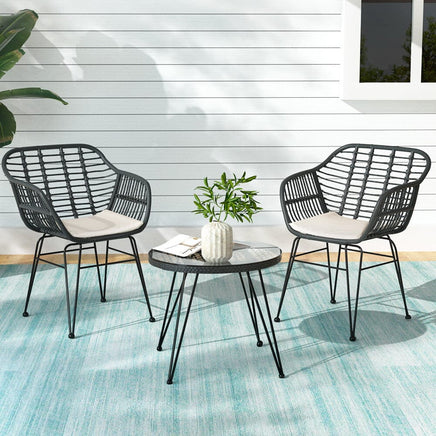 Gardeon 3PC Outdoor Furniture Bistro Set Lounge Setting Table Chairs Cushion Patio Grey Furniture Kings Warehouse 
