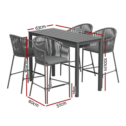 Gardeon 5-Piece Outdoor Bar Set Dining Table Rope Chair Patio Bistro Set Furniture Kings Warehouse 